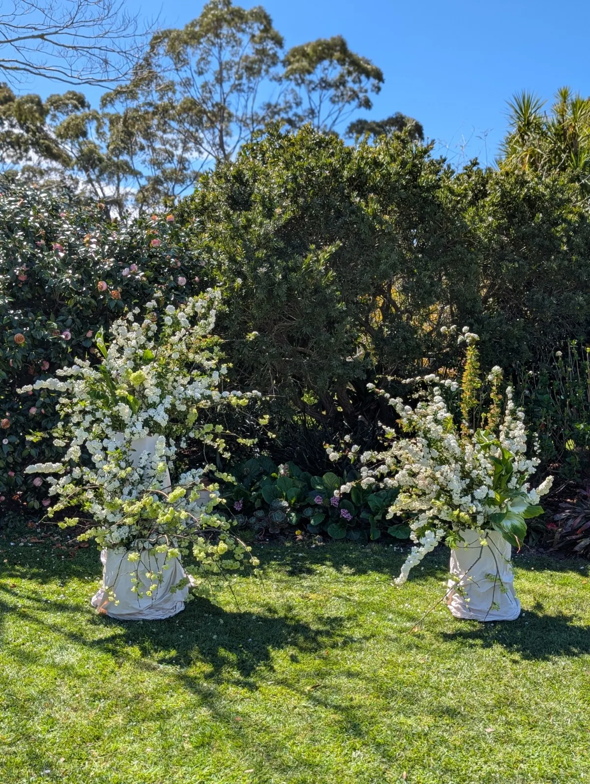 Altar arrangements by Kin Florist, for a spring wedding. They feature masses of fluffy white spirea blossoms, lilies, and ruffled chartreuse seed pods. The statement arrangements have a modern, romantic garden aesthetic.